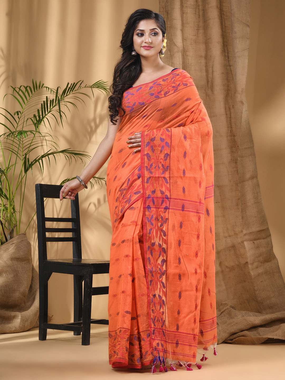 

DESH BIDESH Ethnic Motifs Woven Design Silk Cotton Taant Saree, Orange