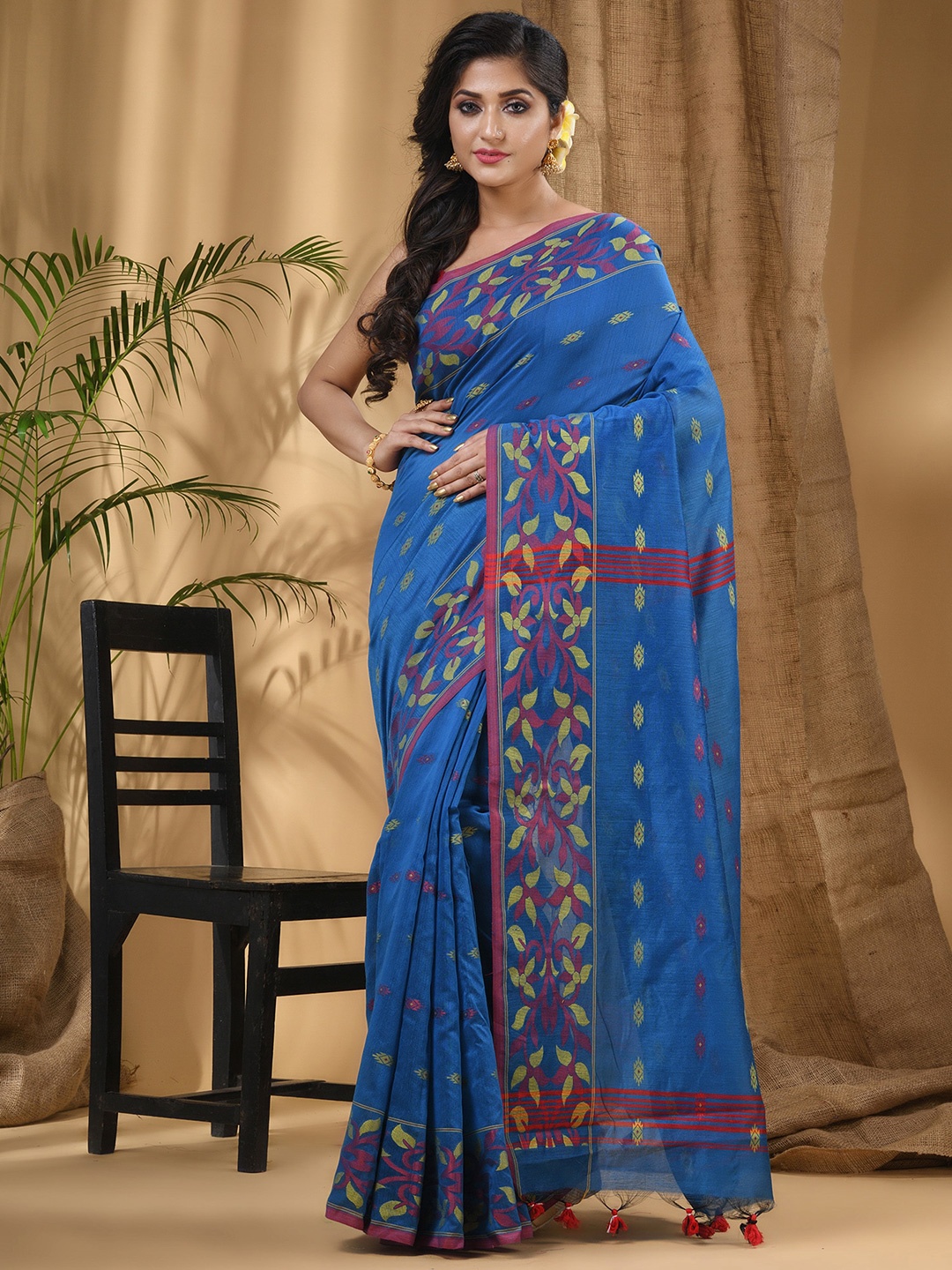 

DESH BIDESH Ethnic Motifs Woven Design Silk Cotton Taant Saree, Blue