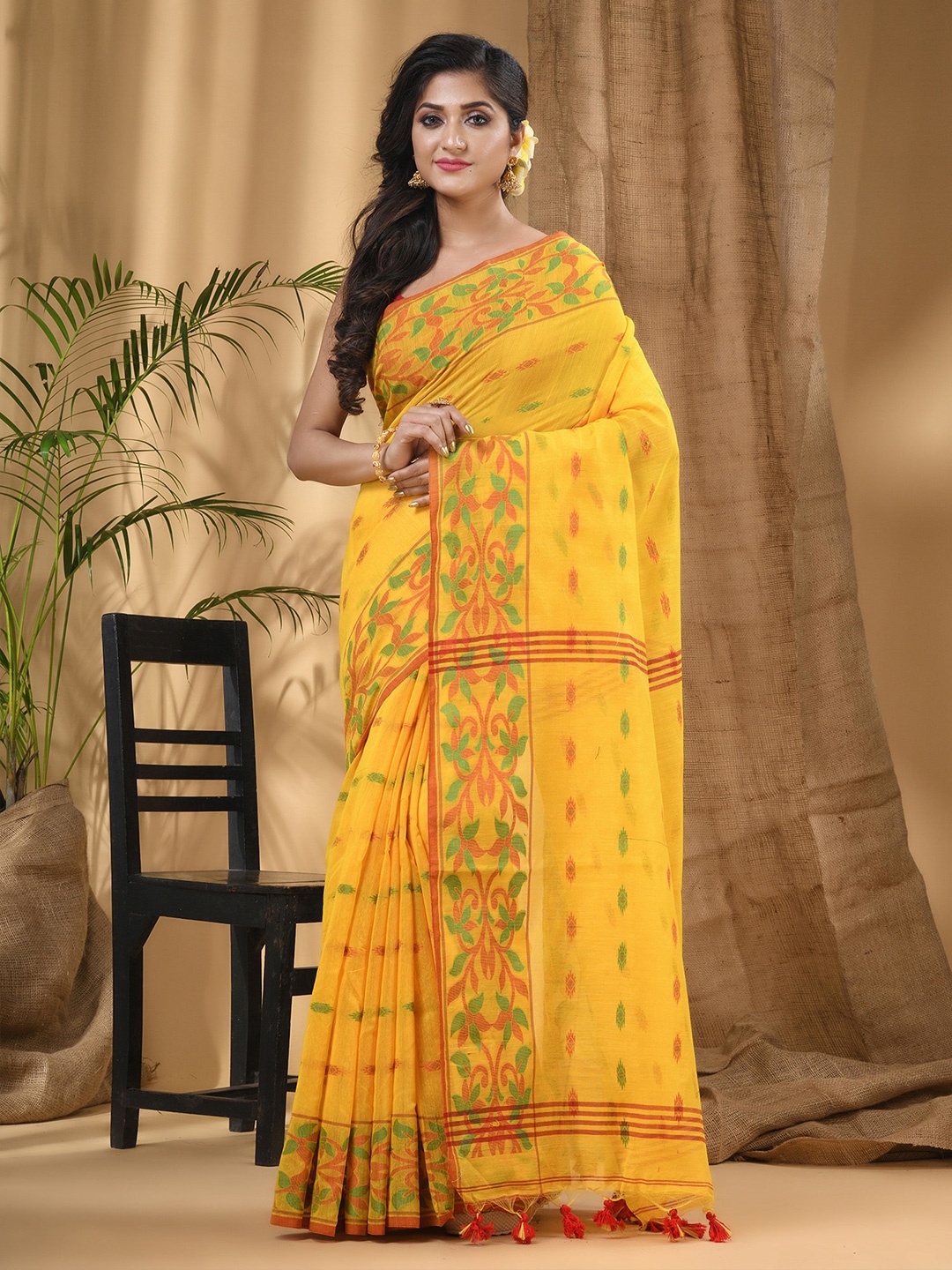 

DESH BIDESH Ethnic Motif Woven Design Silk Cotton Taant Saree, Yellow