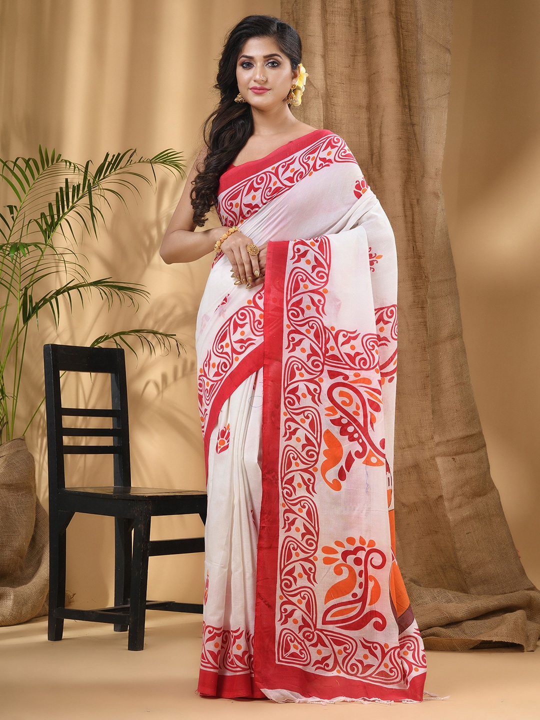 

DESH BIDESH Ethnic Motifs Printed Pure Cotton Block Print Saree, White