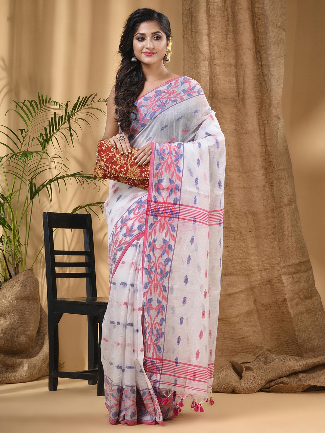 

DESH BIDESH Ethnic Motifs Woven Design Silk Cotton Taant Saree, White