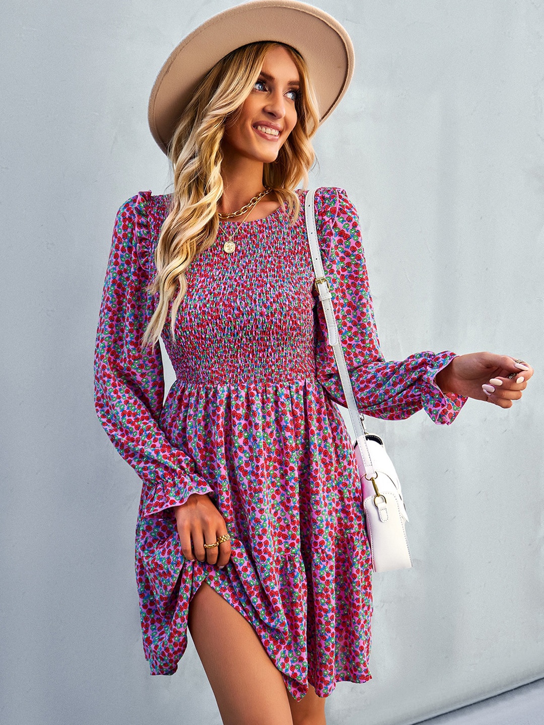 

StyleCast Pink Floral Print Puff Sleeves Fit & Flare Dress