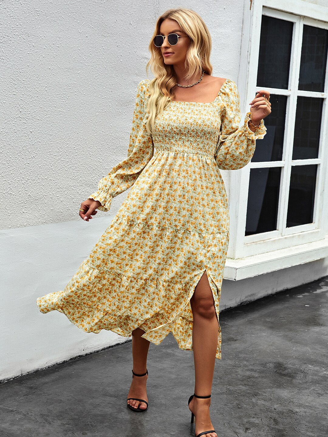 

StyleCast Yellow Floral Printed Square Neck Smocked Fit & Flare Midi Dress