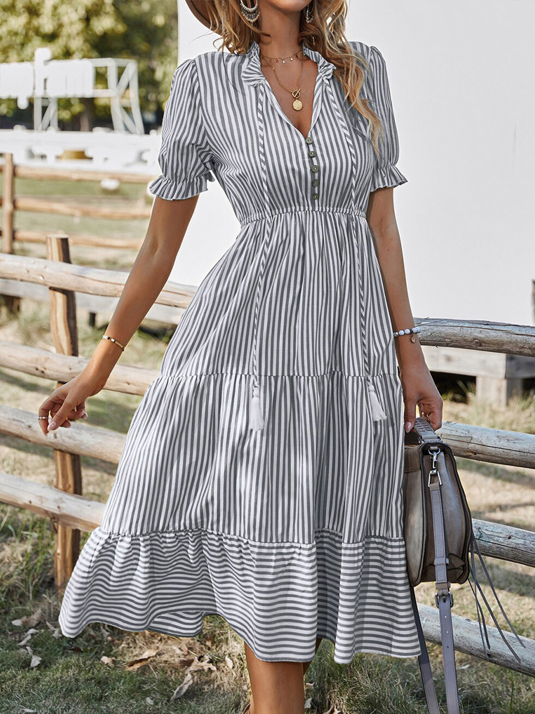 

StyleCast Grey Striped Tiered Fit & Flare Dress