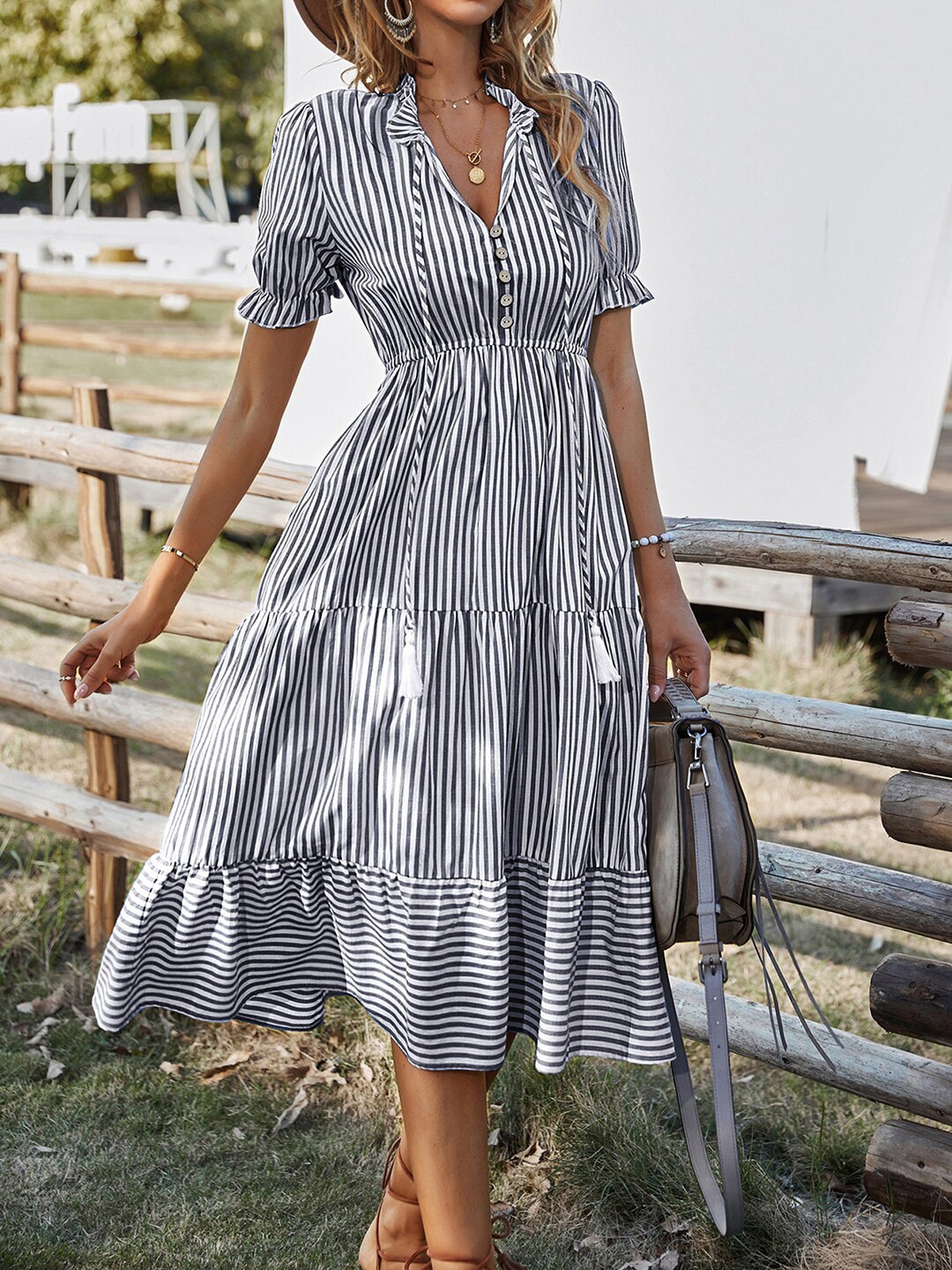 

StyleCast Black Striped Tiered Gathered A-Line Dress