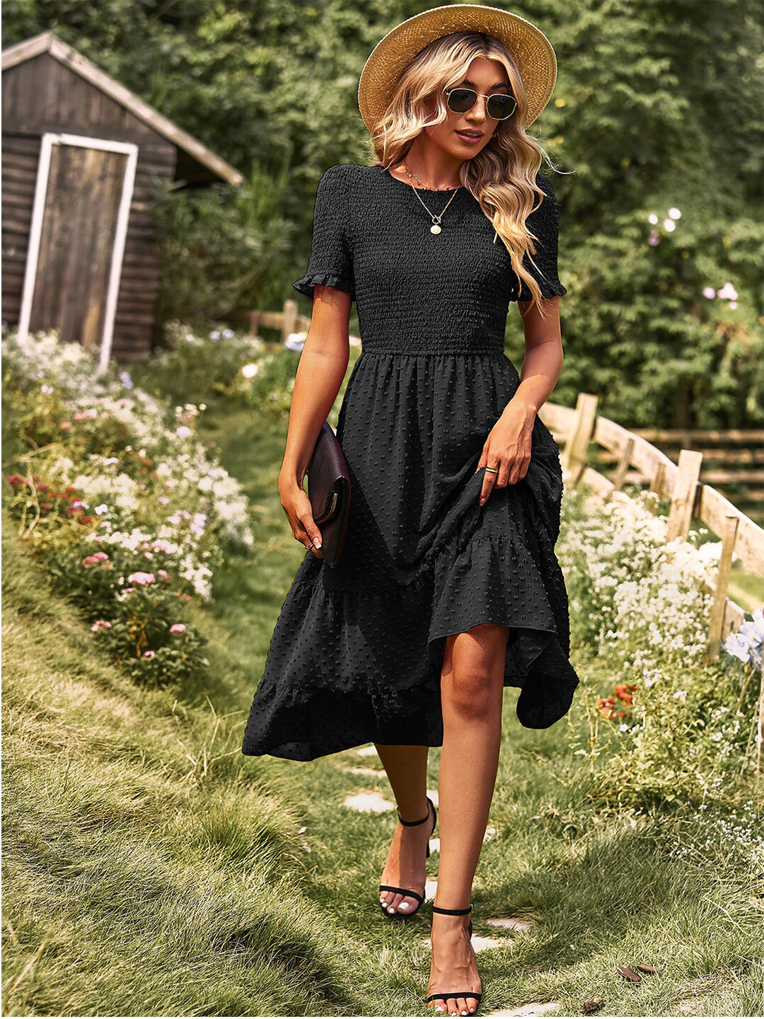

StyleCast Black Self Design Smocked Fit & Flare Midi Dress