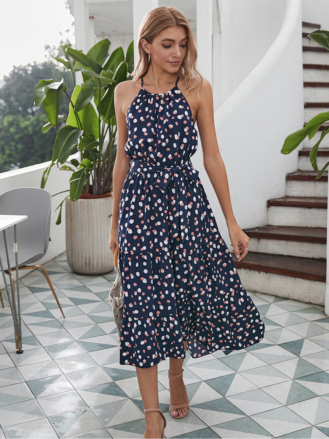 

StyleCast Floral Printed Halter Neck Fit & Flare Midi Dress, Navy blue