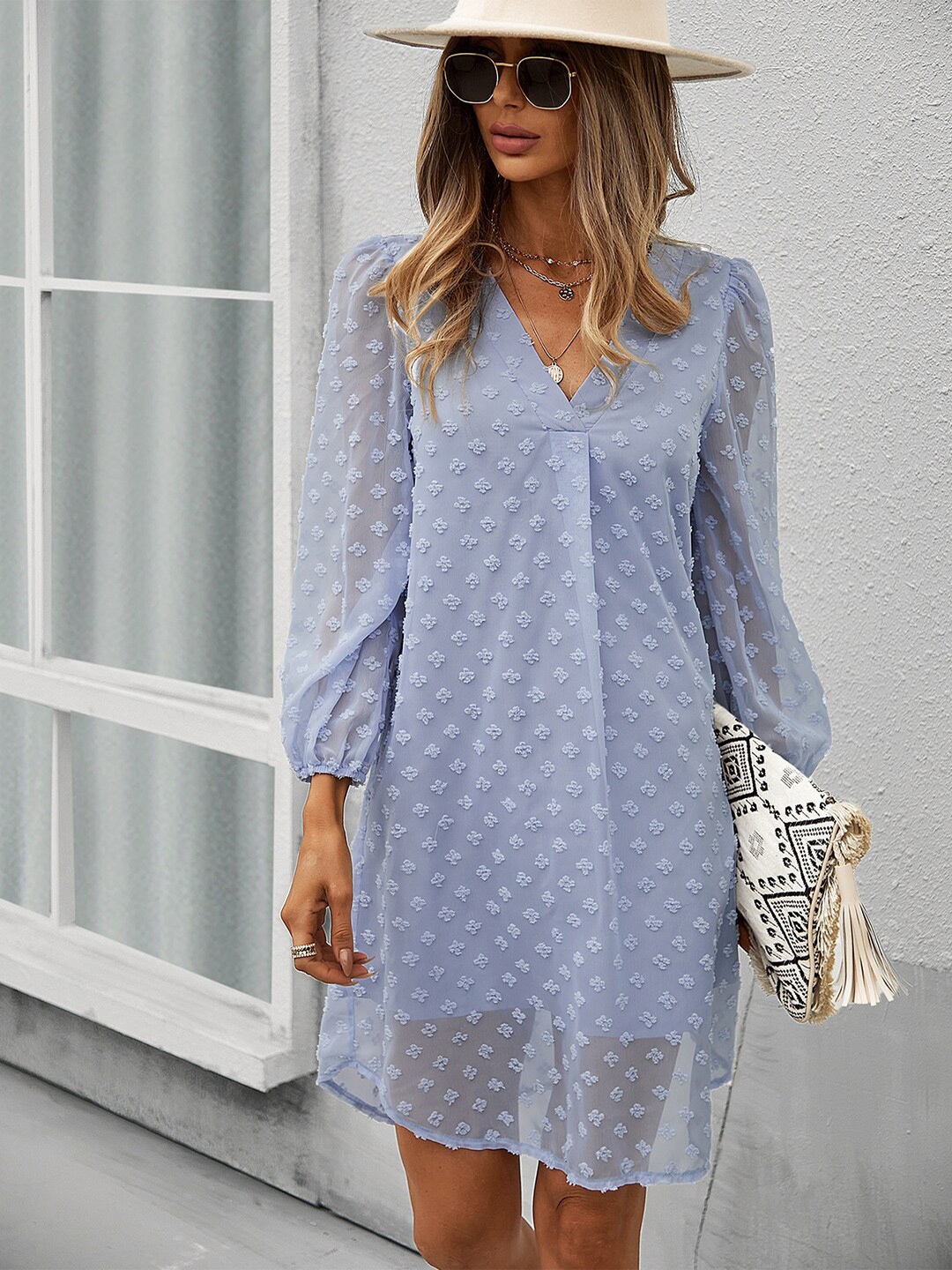 

StyleCast Blue Self Design V-Neck Puff Sleeves A-Line Dress