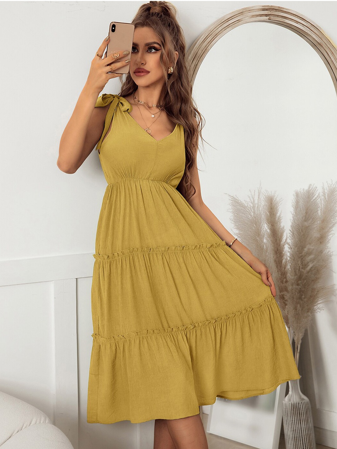 

StyleCast Mustard Yellow Shoulder Straps Fit & Flare Tiered Midi Dress