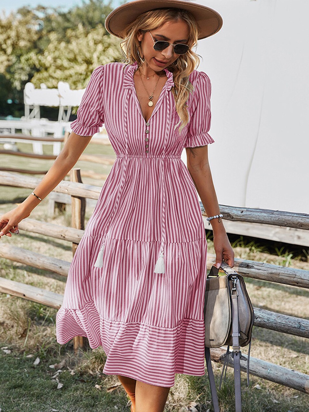 

StyleCast Striped Tie-Up Neck Fit & Flare Midi Dress, Pink