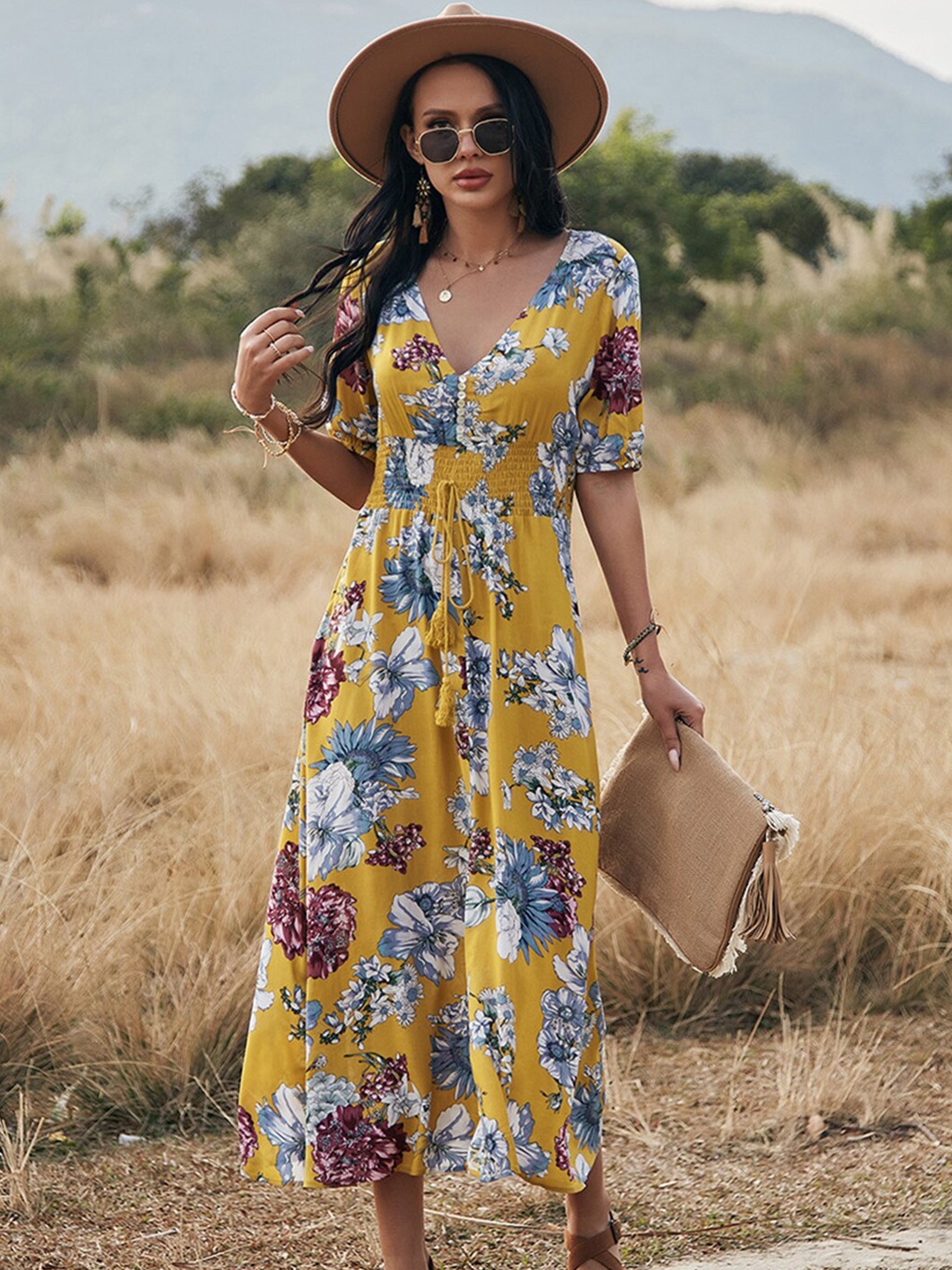 

StyleCast Yellow Floral Printed V-Neck A-Line Dress