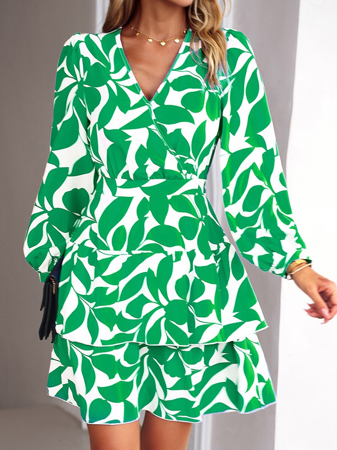 

StyleCast Green Floral Printed Layered A-Line Dress