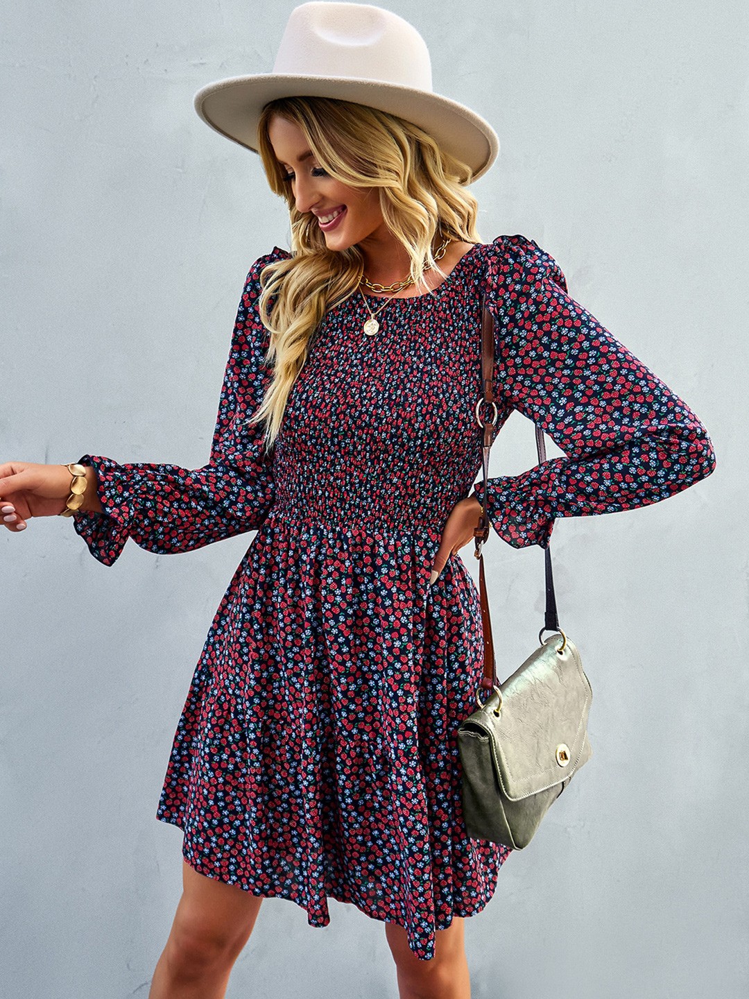 

StyleCast Navy Blue Floral Printed Smocked Fit & Flare Dress