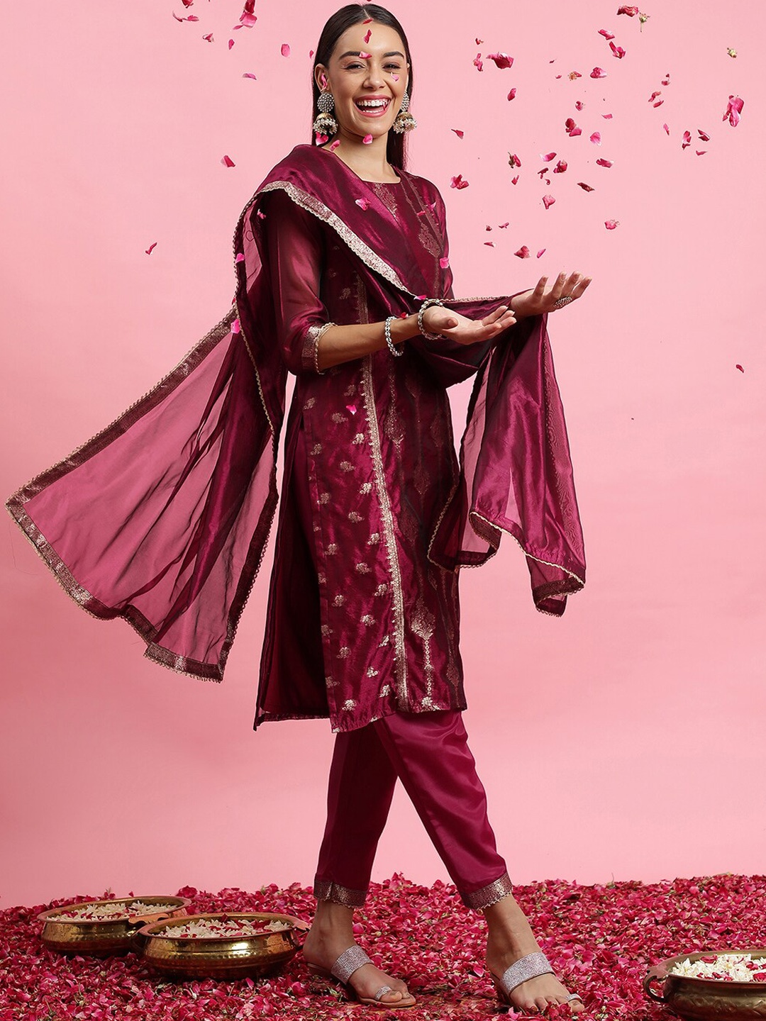 

Indo Era Ethnic Motifs Woven Design Gotta Patti Jacquard Kurta With Trousers & Dupatta, Burgundy