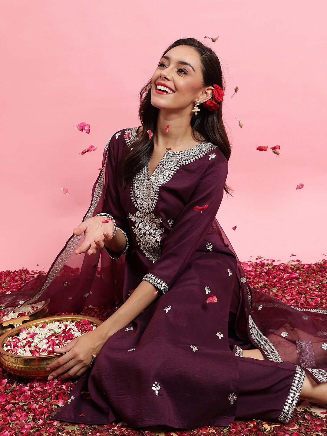 

Indo Era Floral Embroidered Sequinned Kurta With Trousers & Dupatta, Burgundy