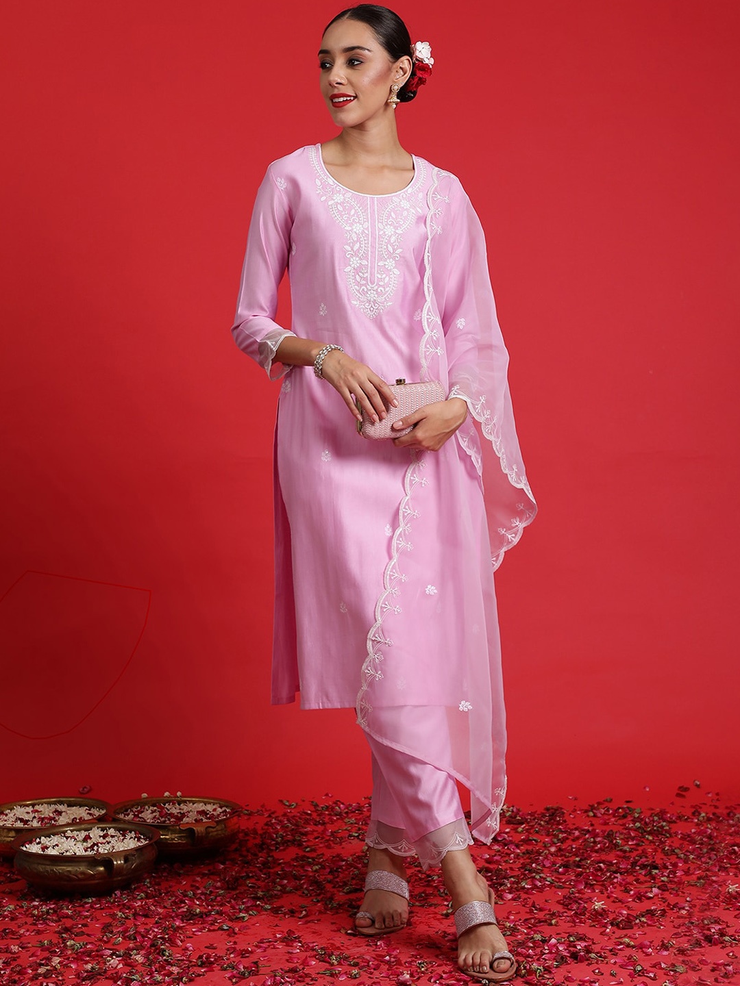 Indo Era Floral Embroidered Regular Kurta with Trousers & With Dupatta, Lavender