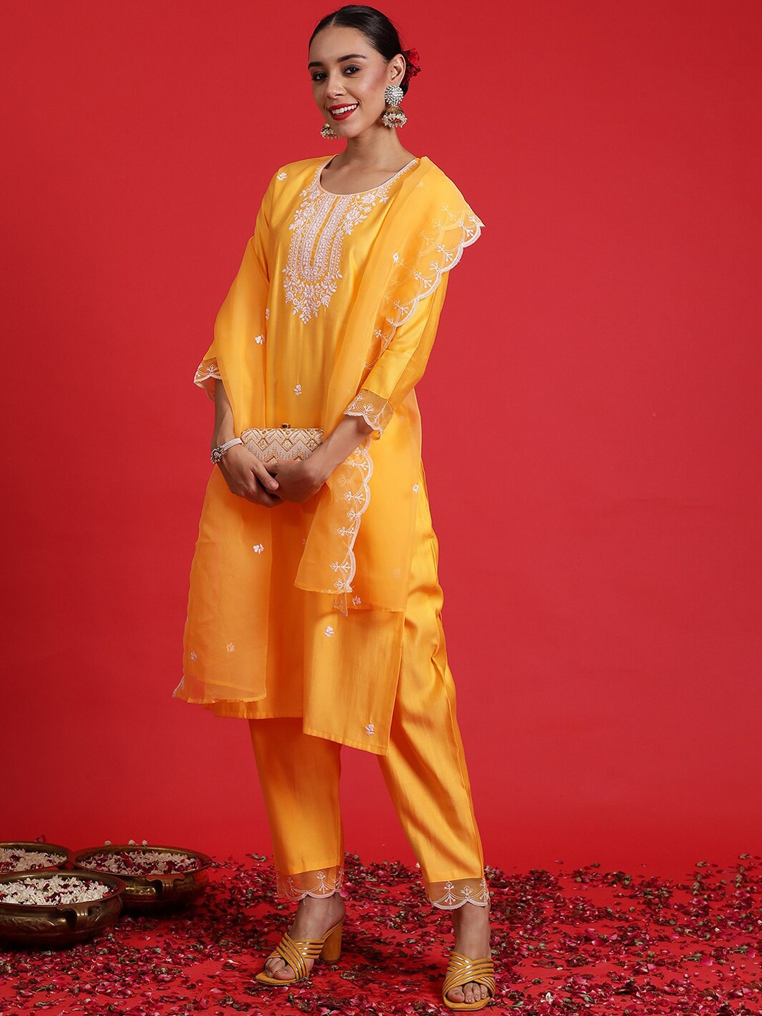 

Indo Era Floral Embroidered Kurta With Trousers & Dupatta, Yellow