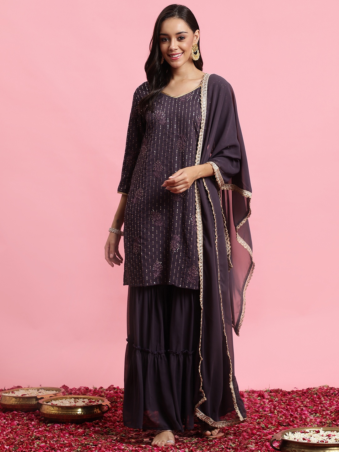 

Indo Era Floral Embroidered Sequinned Kurta With Sharara & Dupatta, Purple