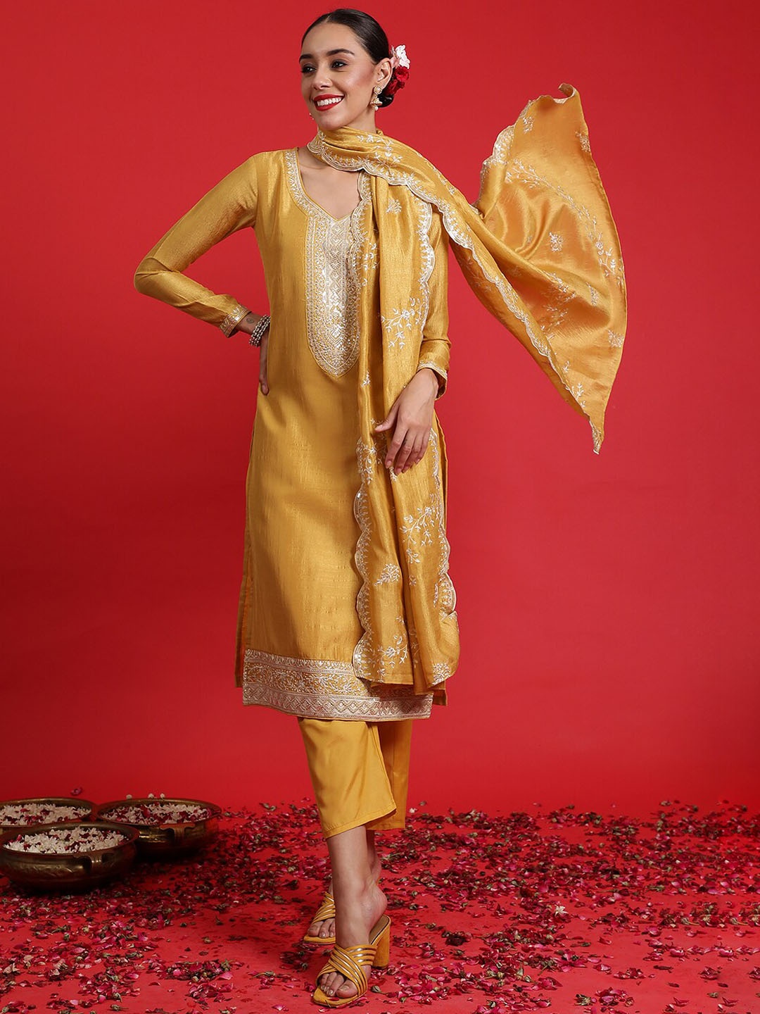 

Indo Era Floral Embroidered Sequinned Kurta With Trousers & Dupatta, Yellow