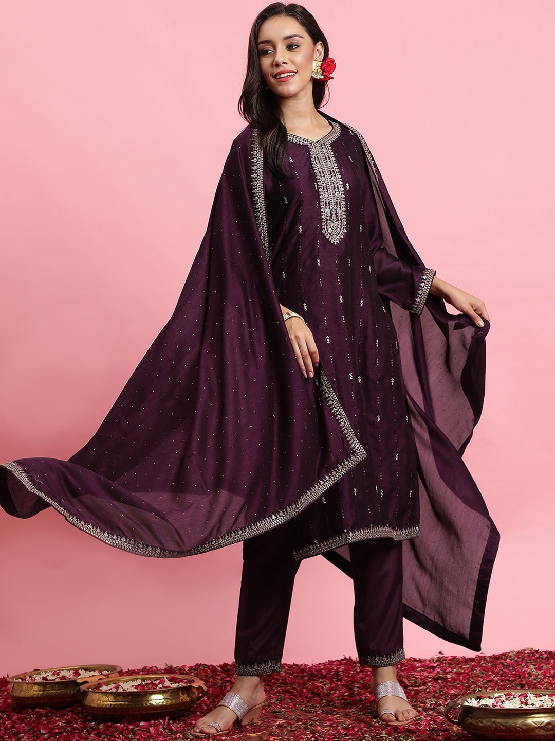 

Indo Era Floral Embroidered Sequinned Kurta & Trousers With Dupatta, Purple