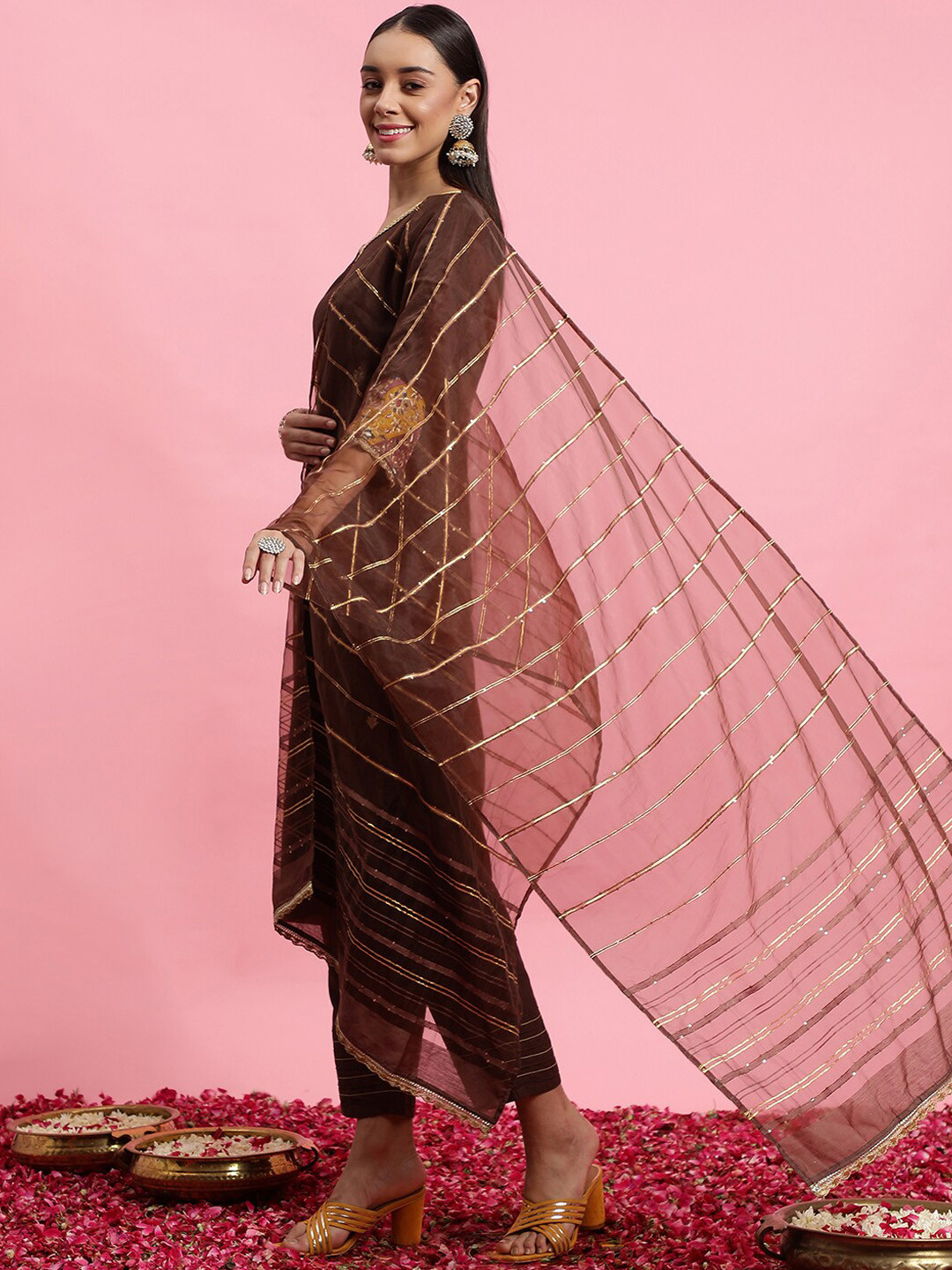 

Indo Era Ethnic Motifs Embroidered Sequinned Kurta & Trousers With Dupatta, Brown
