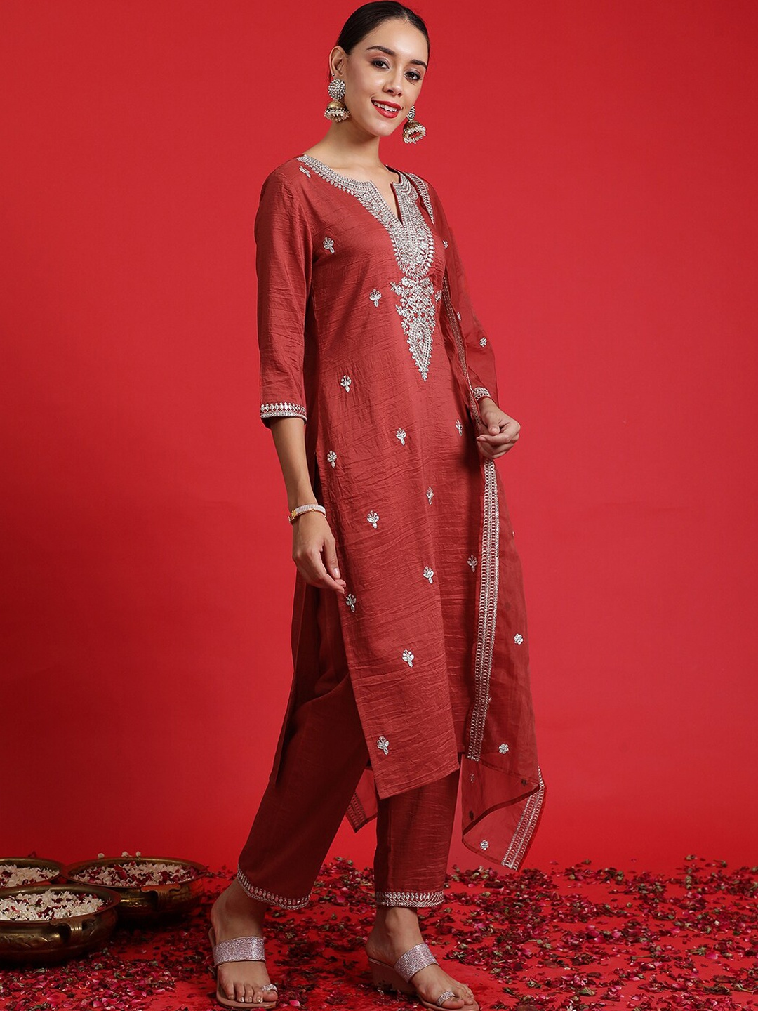 

Indo Era Ethnic Motifs Embroidered Sequinned Kurta With Trousers & Dupatta, Rust