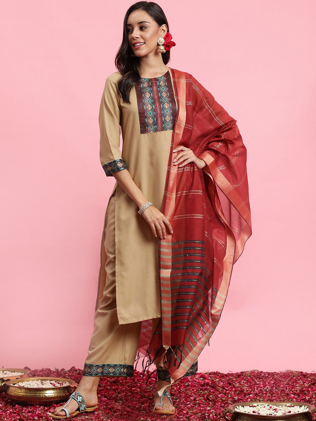 

Indo Era Ethnic Motifs Yoke Design Straight Kurta With Palazzos & Dupatta, Beige