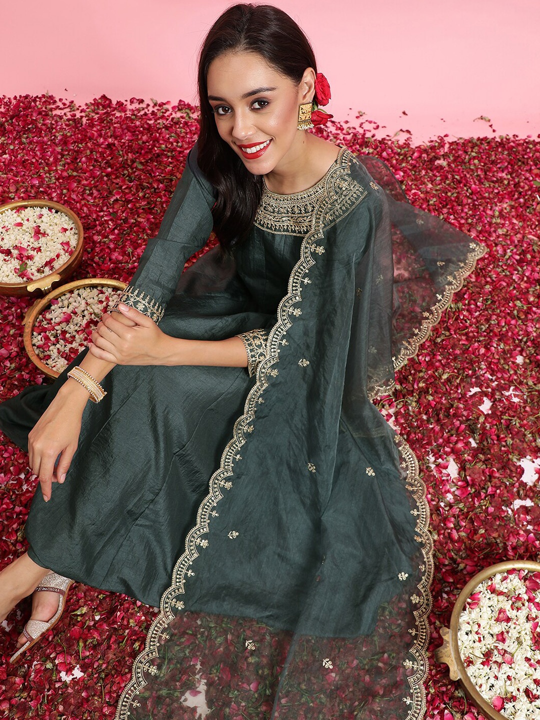 

Indo Era Embroidered A-Line Ethnic Dress With Dupatta, Green