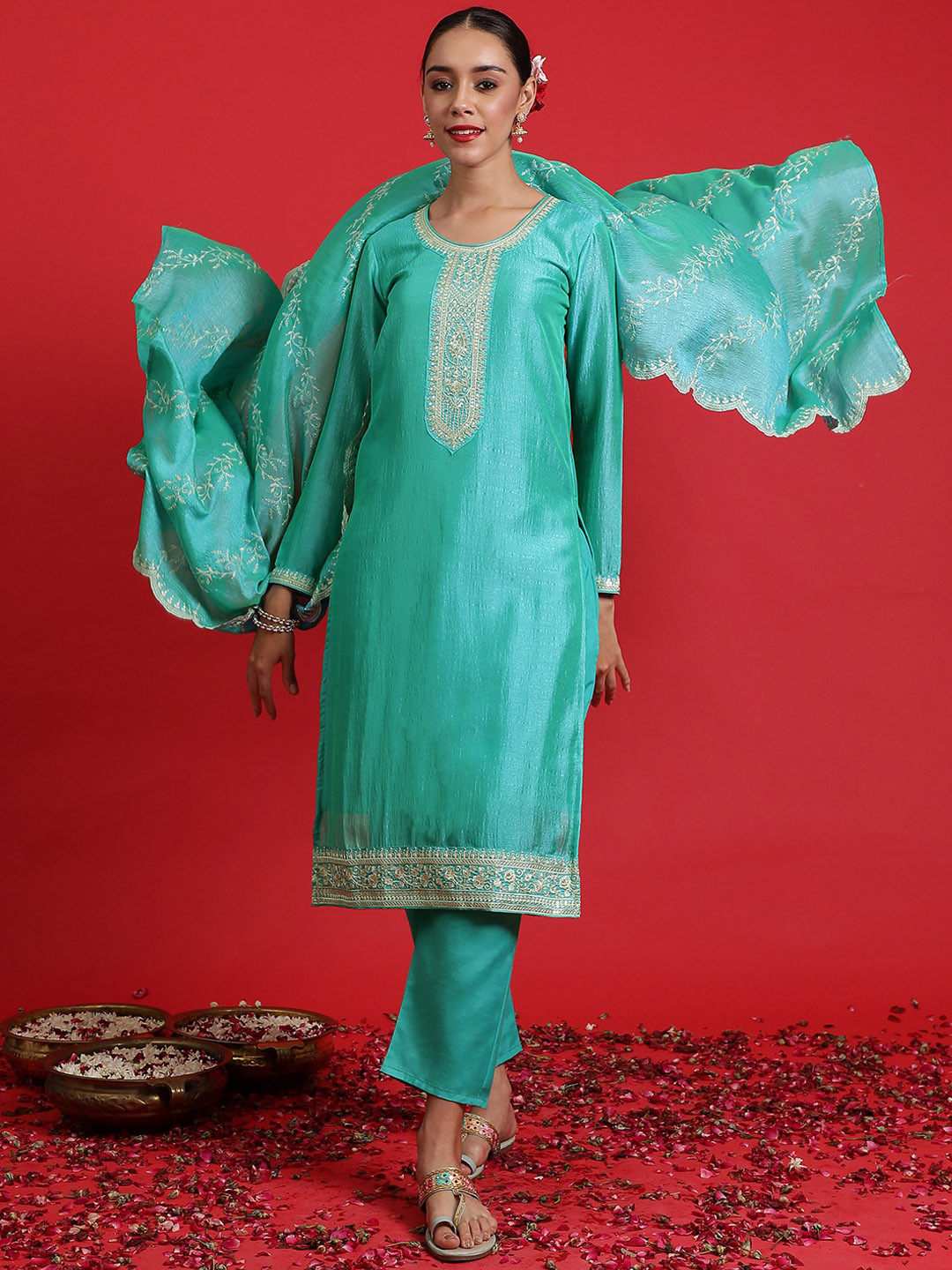 

Indo Era Ethnic Motifs Yoke Design Regular Kurta with Trousers & With Dupatta, Sea green