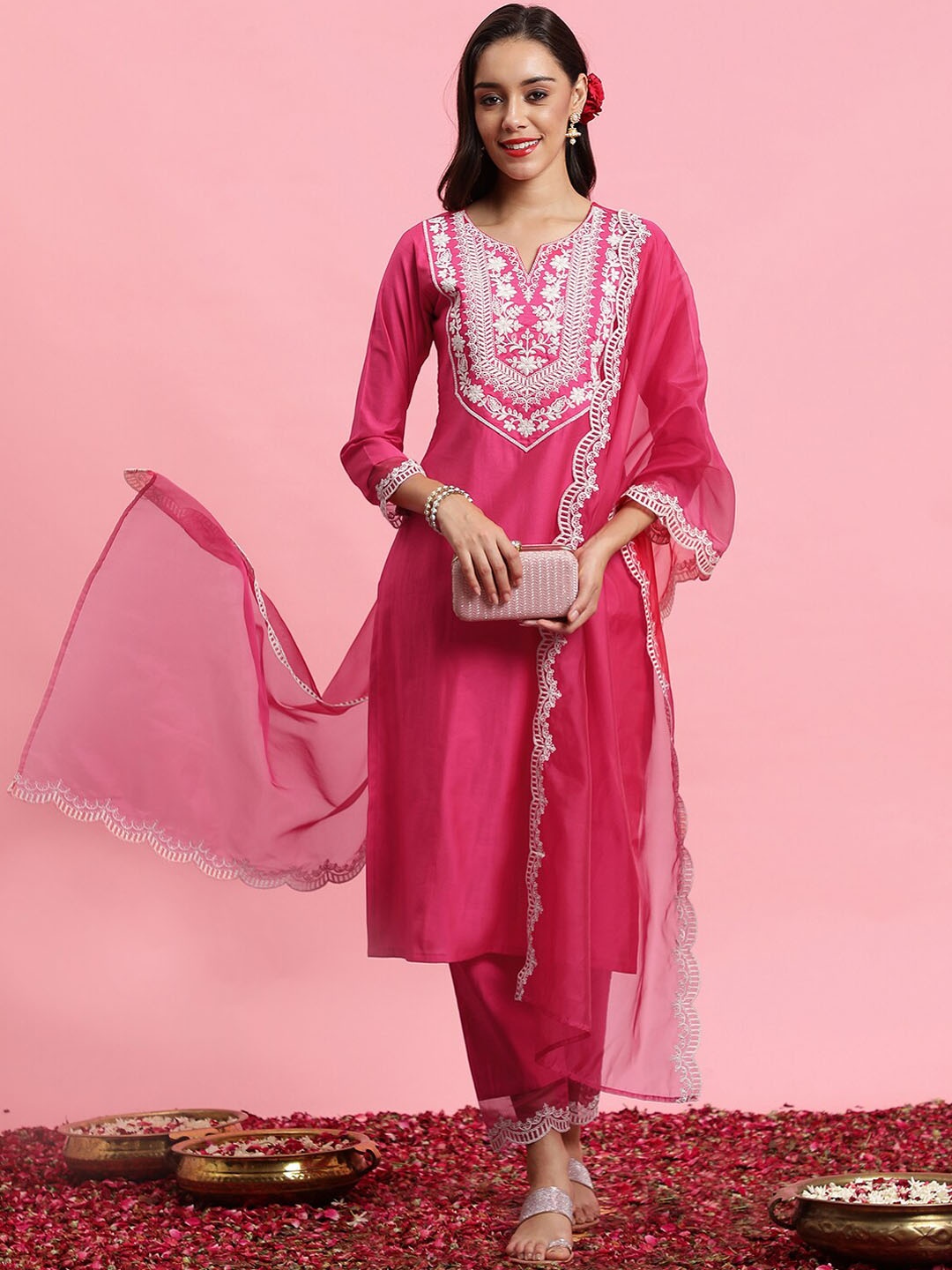 

Indo Era Floral Embroidered Yoke Design Kurta With Trousers & Dupatta, Pink