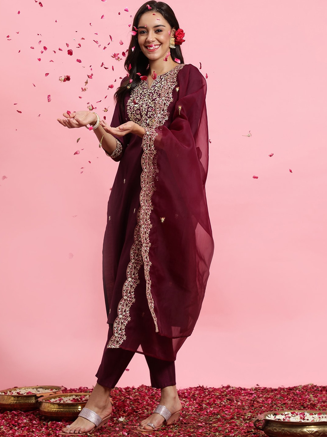 

Indo Era Floral Embroidered Yoke Design Kurta with Trousers & With Dupatta, Purple