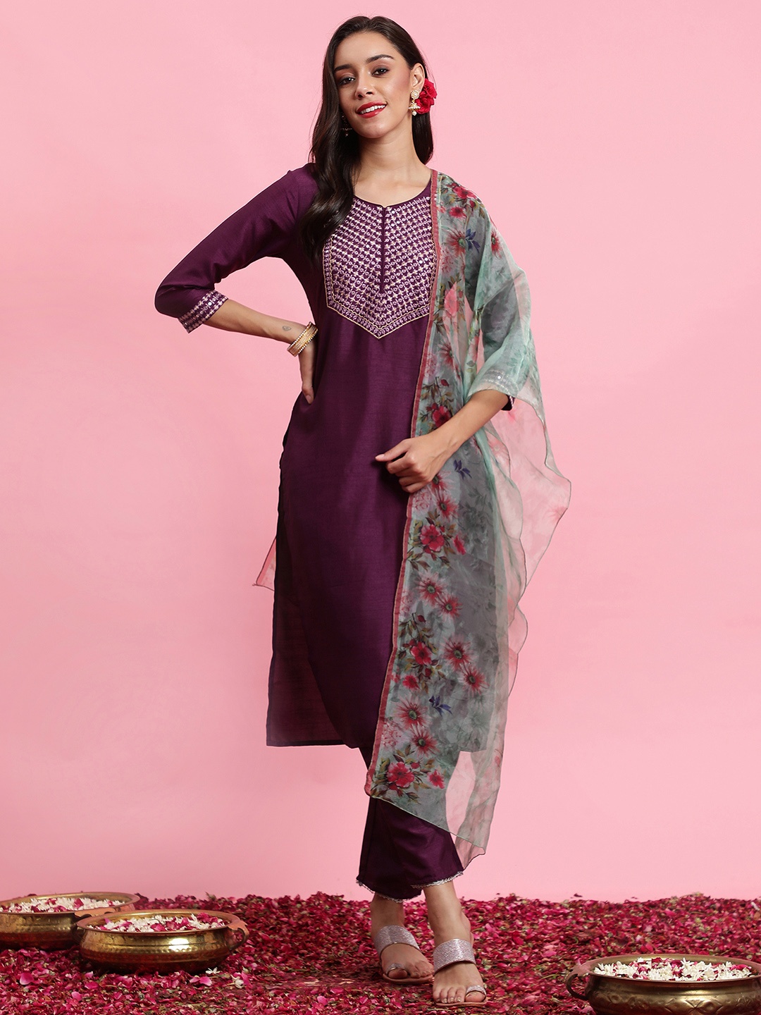 

Indo Era Ethnic Motifs Yoke Design Kurta & Trousers With Dupatta, Purple