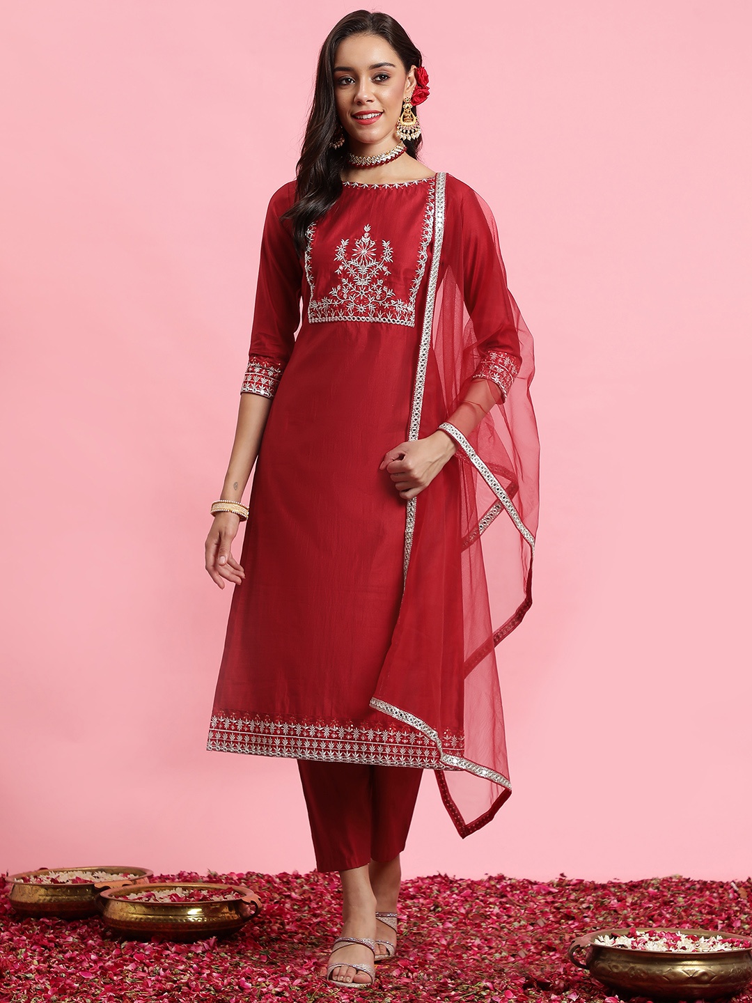 

Indo Era Floral Embroidered Kurta With Trousers & Dupatta, Red