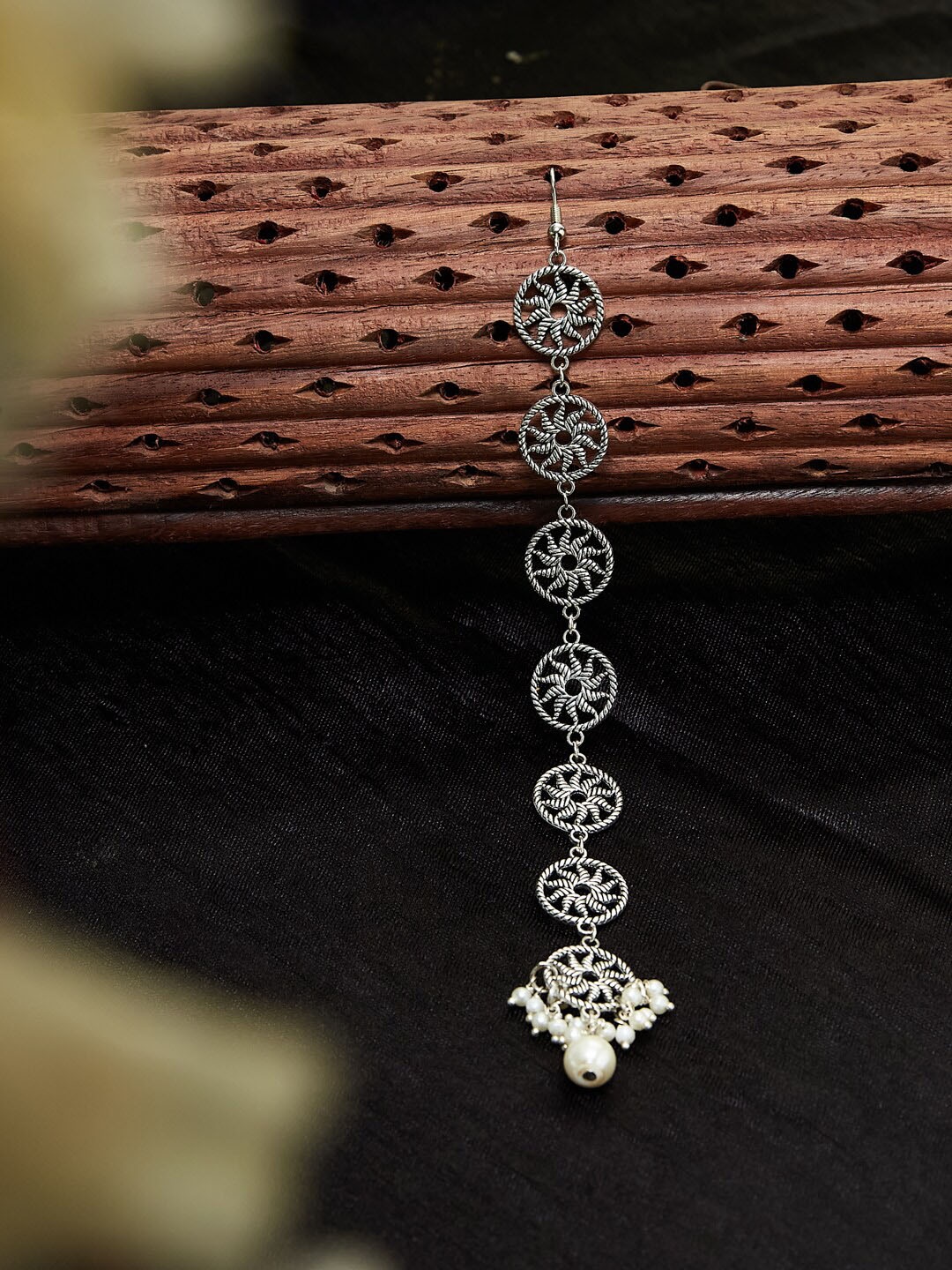 

ATIBELLE Silver-Plated German Silver Layered Chakra-Floral Shaped Beaded Maangtikka
