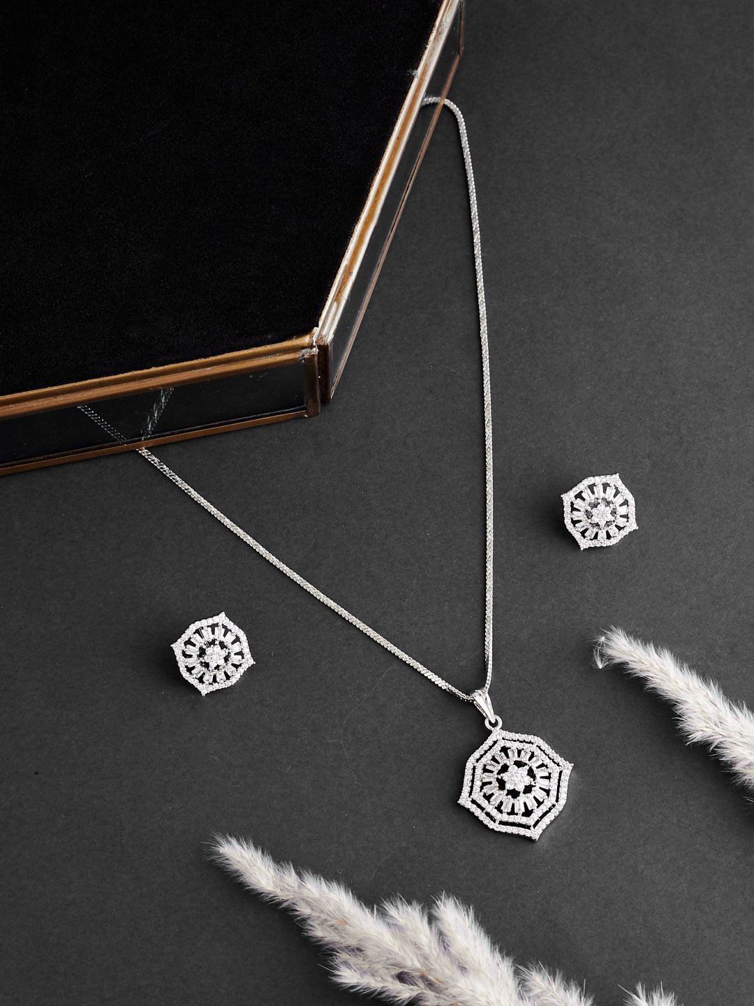 

ATIBELLE Silver-Plated Cubic Zirconia-Studded Floral Shaped Pendant Necklace And Earrings