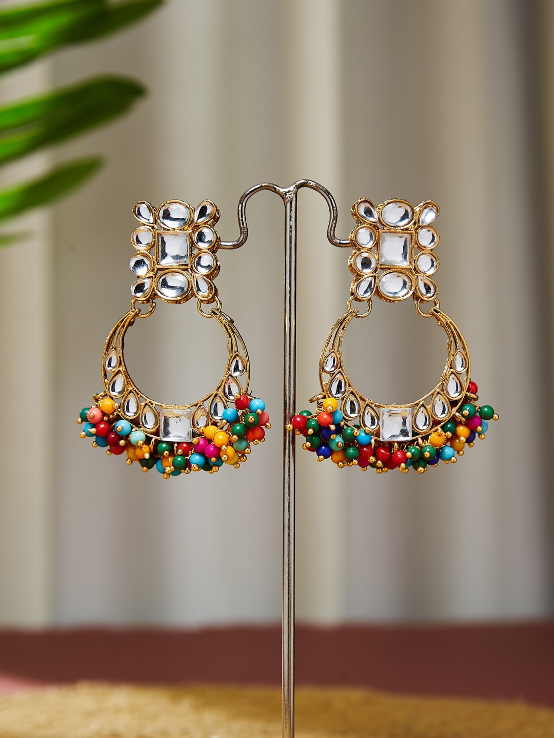 

ATIBELLE Gold Plated & Floral Shaped Kundan-Studded & Beaded Chandbalis