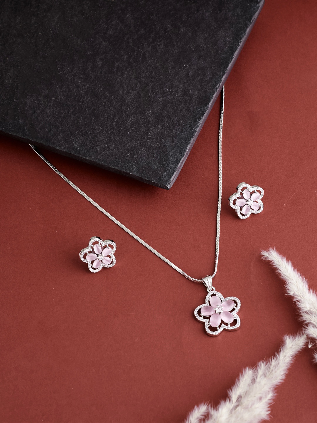 

ATIBELLE Silver-Plated Cubic Zirconia Studded Pendant and Earrings