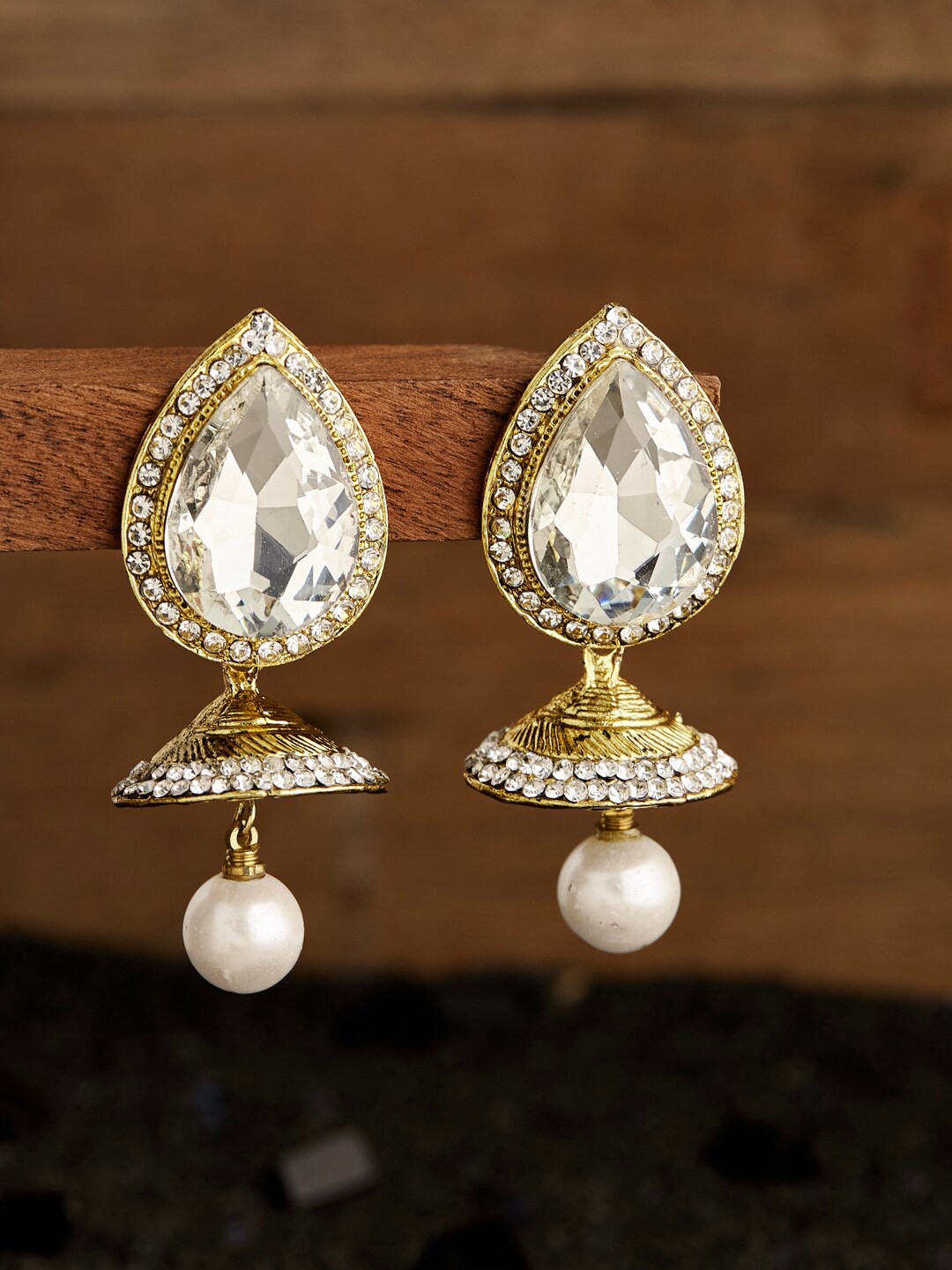 

ATIBELLE Gold Plated Crystal-Studded & Pearl Beaded Drop Earrings