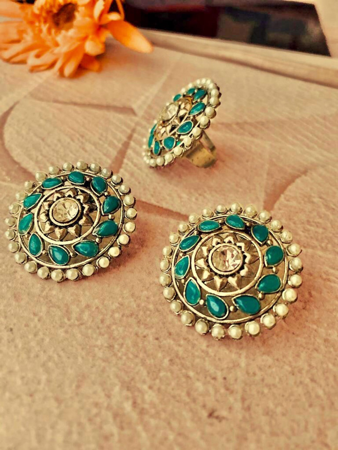 

ATIBELLE German Silver-Plated Stone-Studded Floral Shaped Ring & Earrings