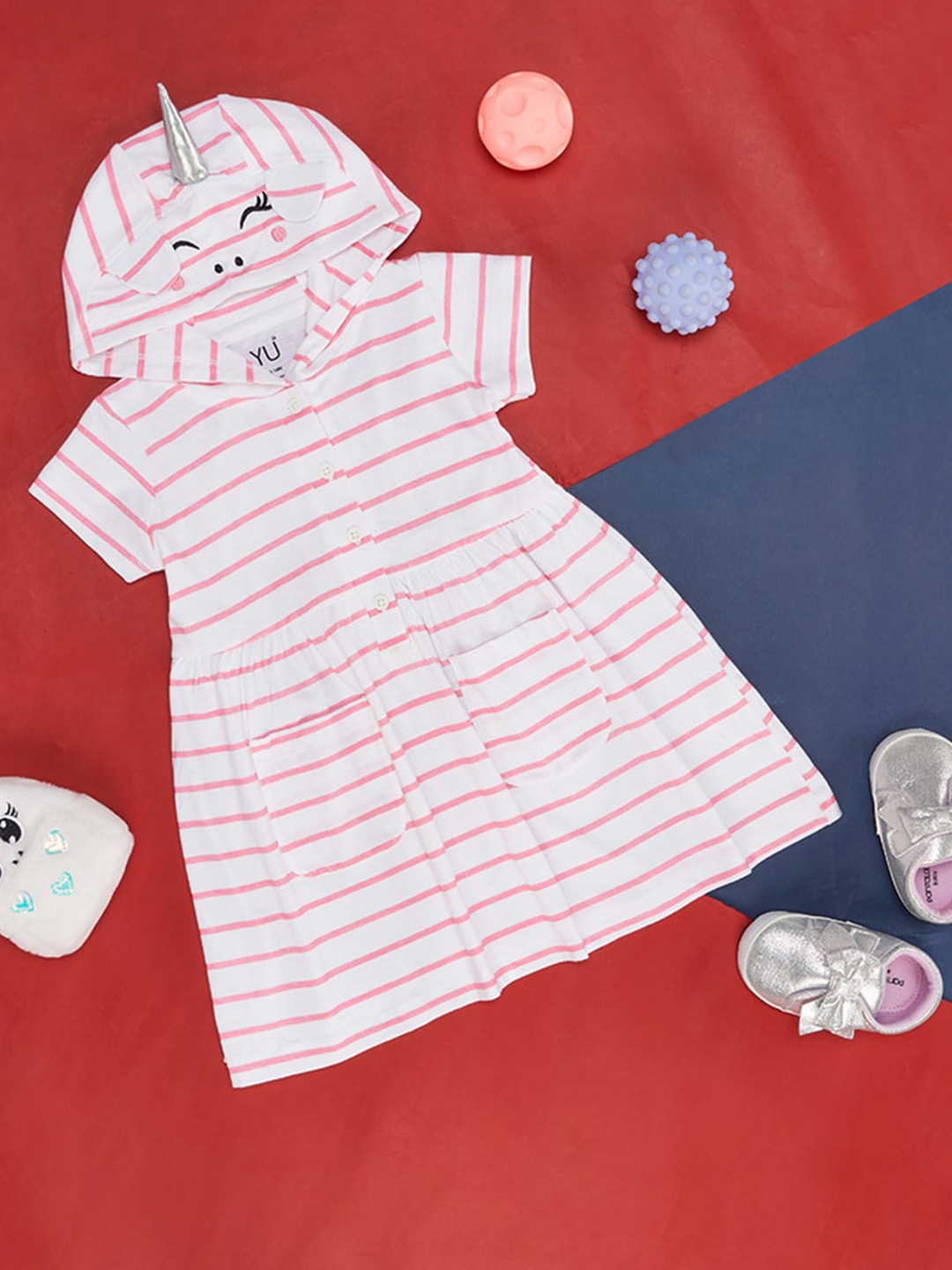 

YU by Pantaloons Girls Striped Hooded Gathered Cotton A-Line Dress, Pink