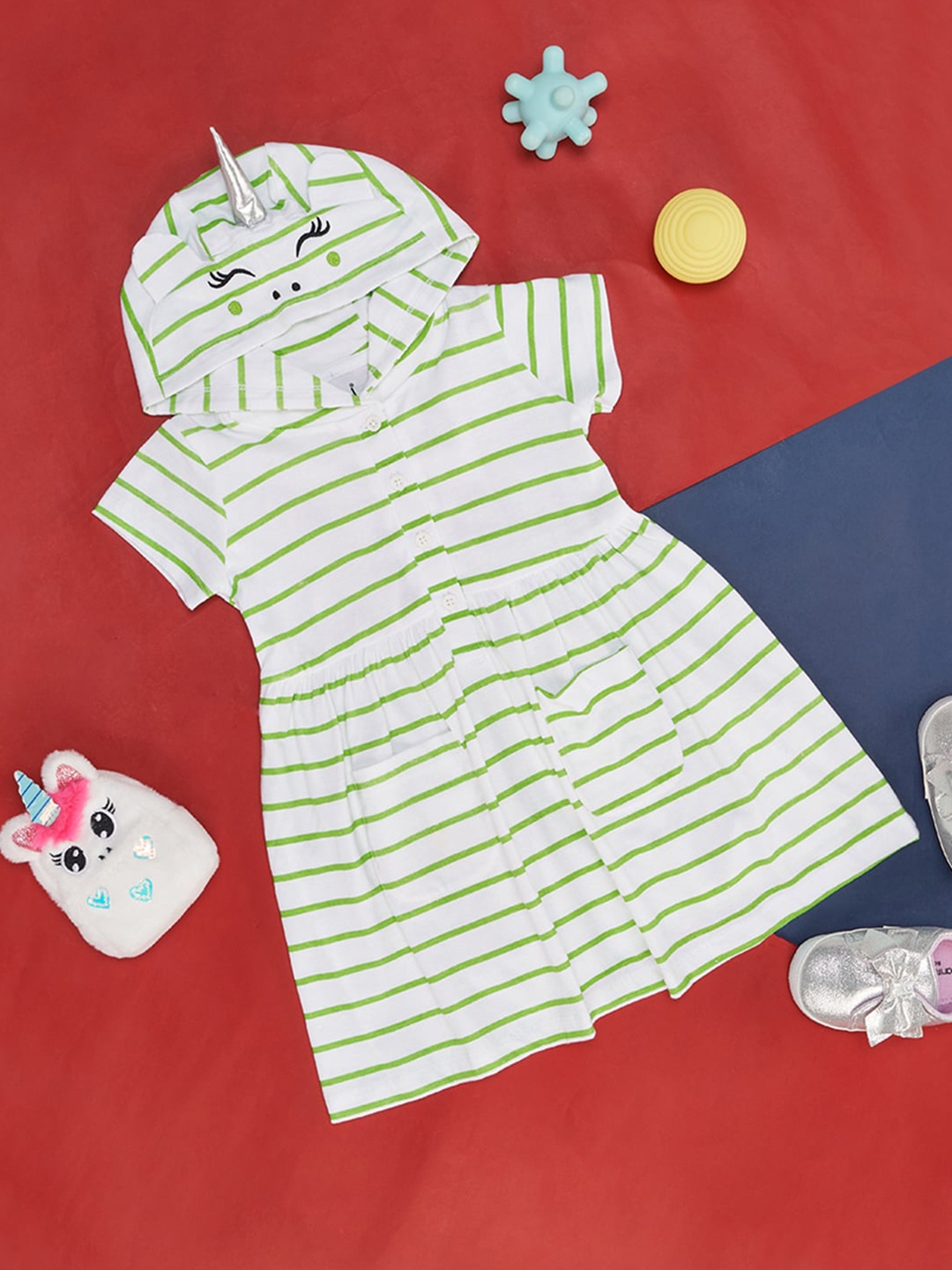 

YU by Pantaloons Girls Striped Hooded Pure Cotton A-Line Dress, Green