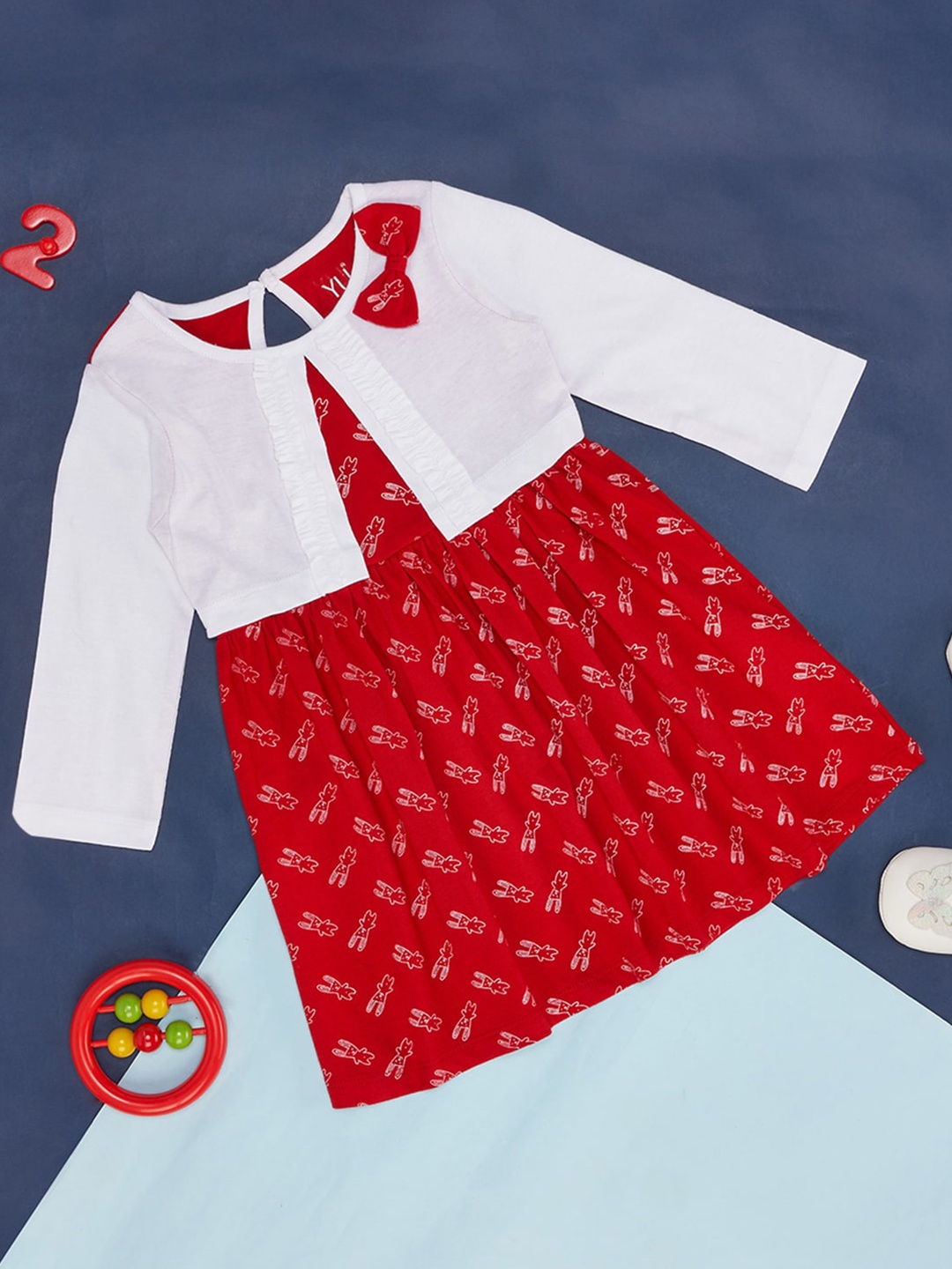 

YU by Pantaloons Girls Conversational Printed A-Line Pure Cotton Dress, Red