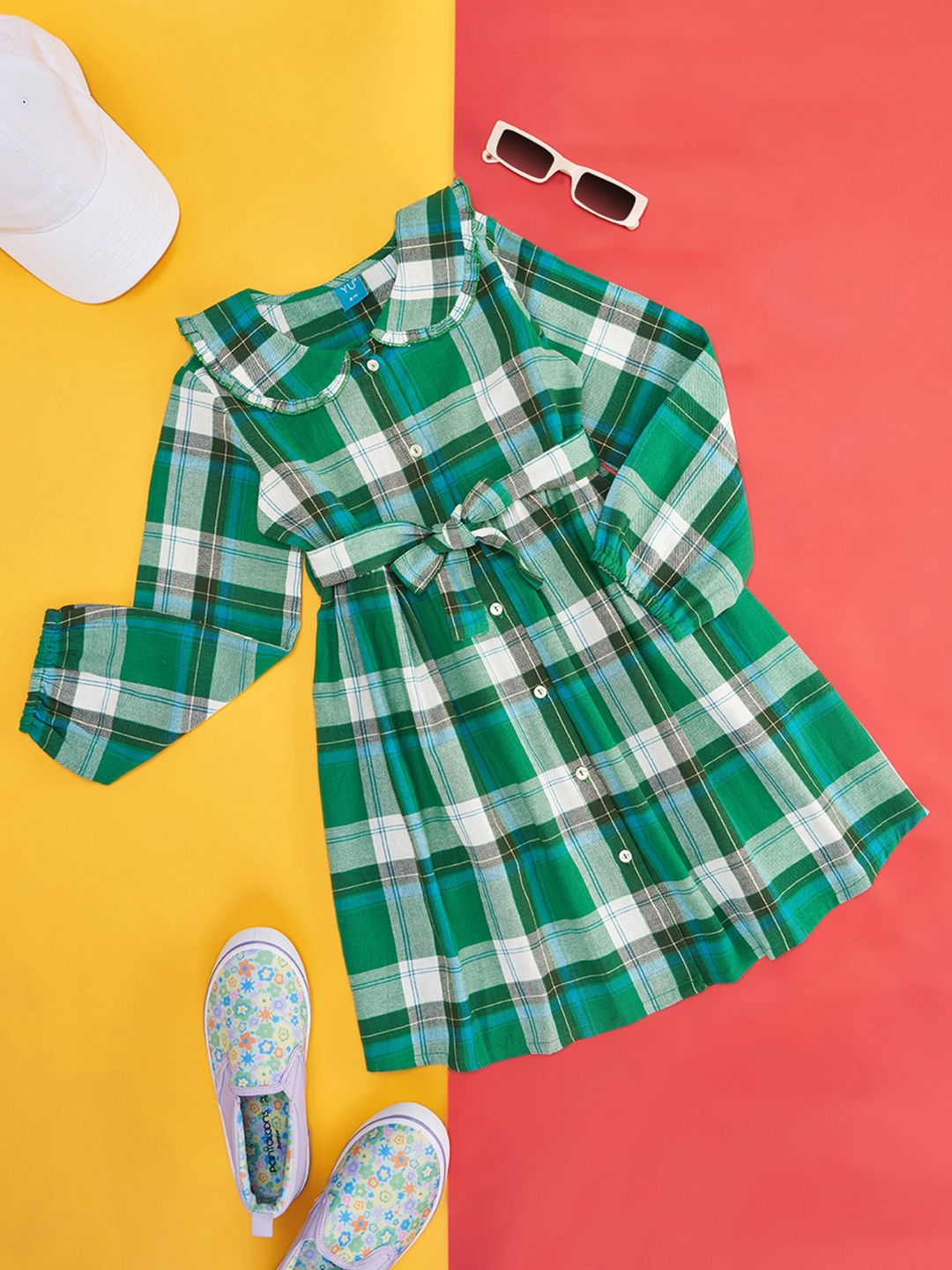 

YU by Pantaloons Girls Checked Peter Pan Collar Pure Cotton Shirt Dress, Green