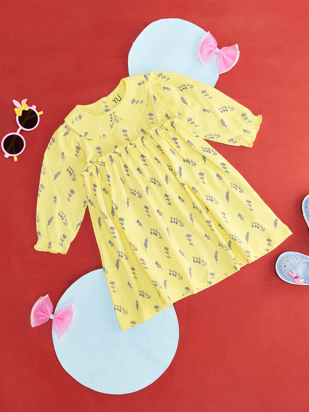 

YU by Pantaloons Girls Floral Printed Peter Pan Collar Pure Cotton A-Line Dress, Yellow