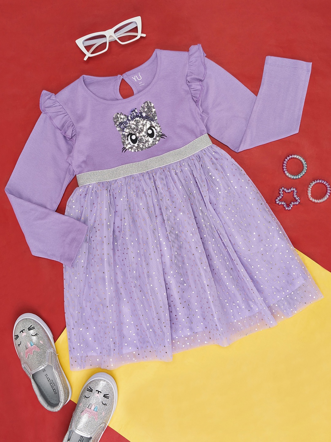 

YU by Pantaloons Girls Embellished Sequinned Cotton Fit & Flare Dress, Lavender