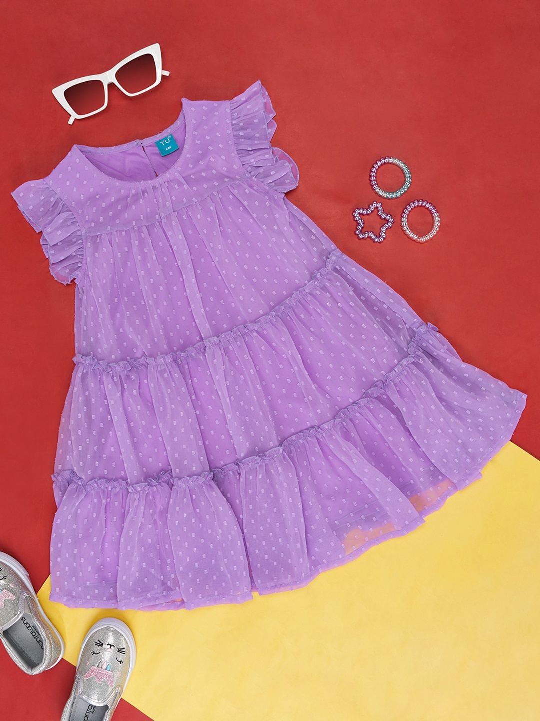

YU by Pantaloons Girls Self Design Flutter Sleeves Jacquard Tiered Detail A-Line Dress, Lavender