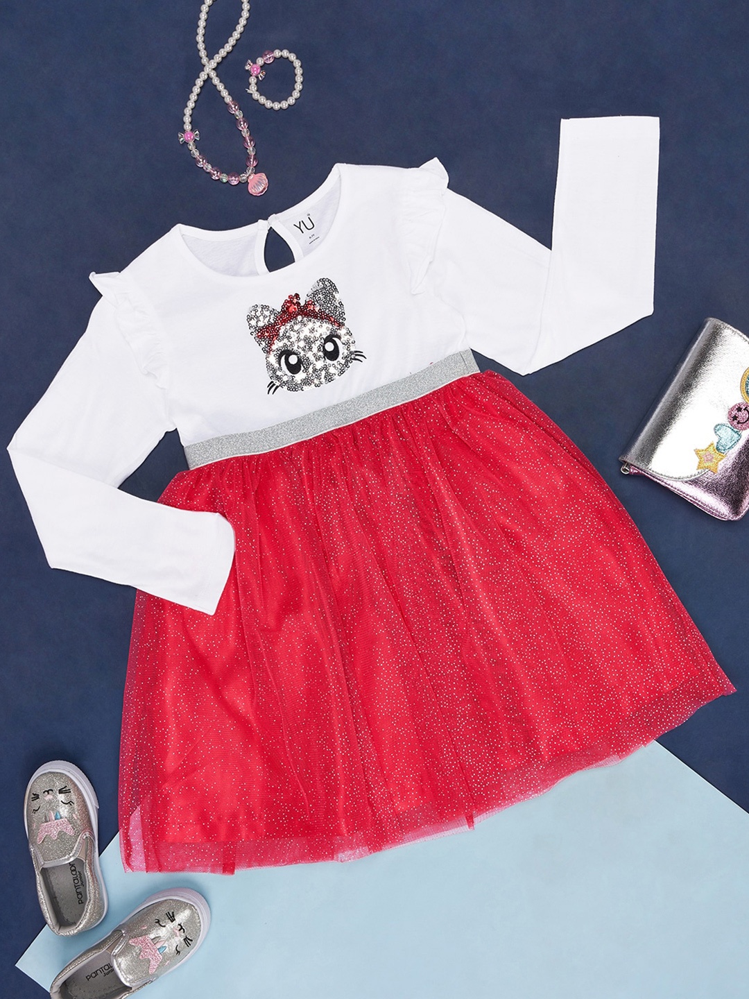 

YU by Pantaloons Girls Embellished Sequinned Cotton Fit & Flare Dress, Coral