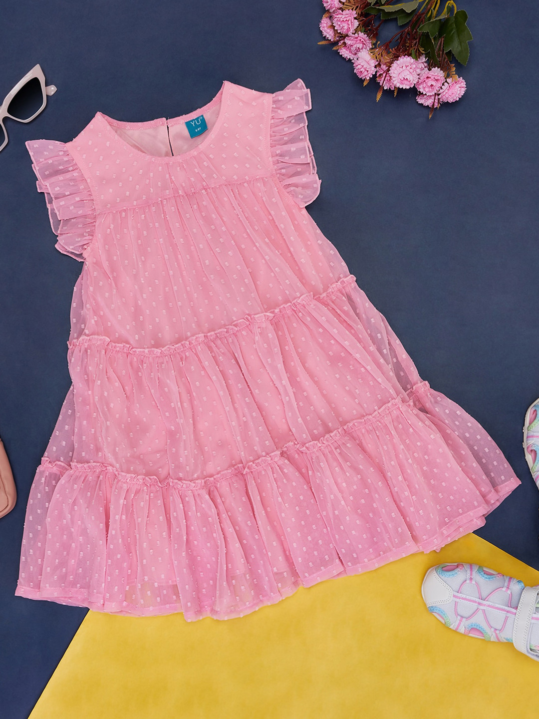 

YU by Pantaloons Girls Self Design Flutter Sleeves Jacquard Tiered Detail A-Line Dress, Pink