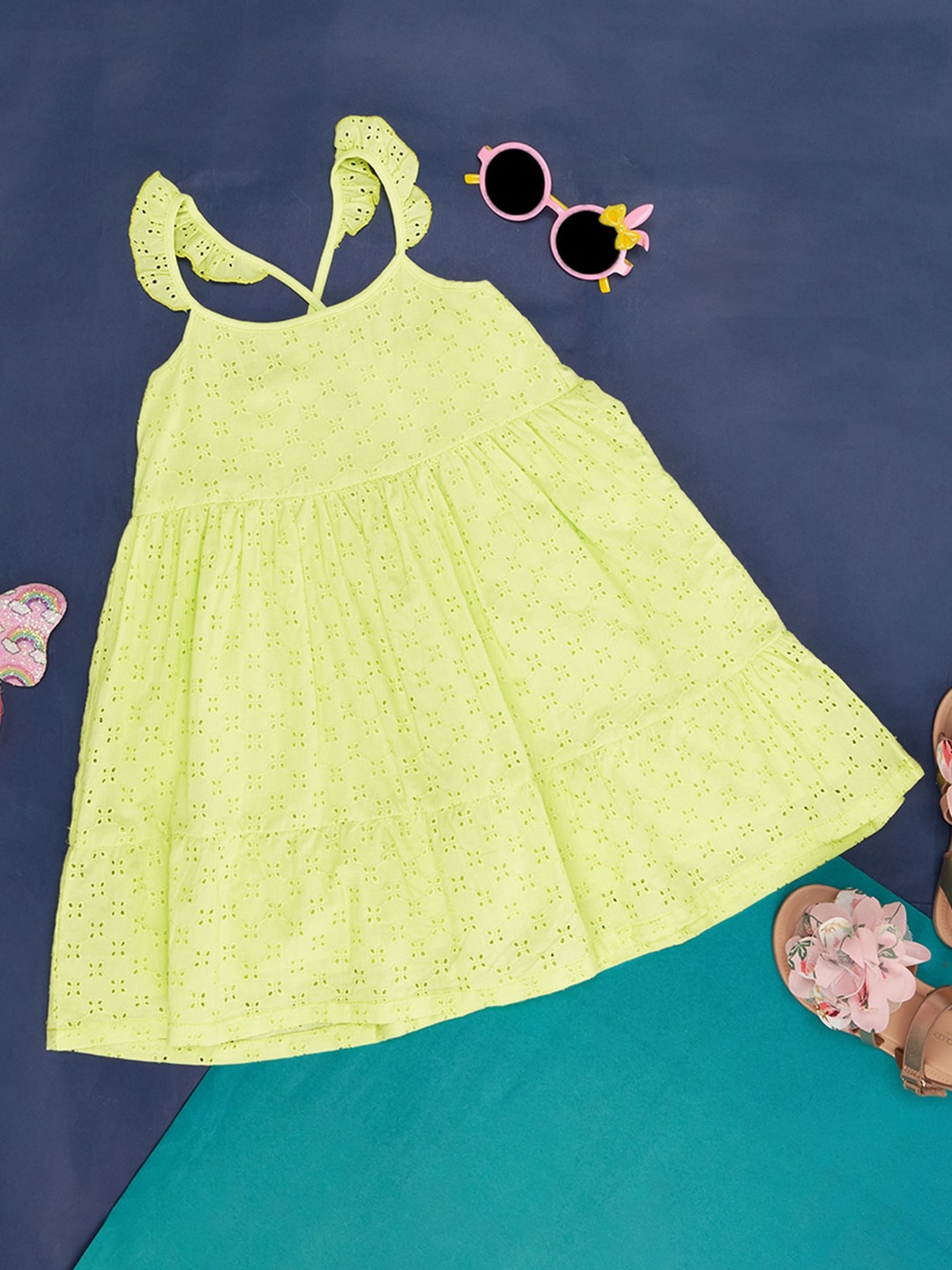 

YU by Pantaloons Infant Girls Shoulder Strapped Pure Cotton Schiffli A-Line Dress, Lime green