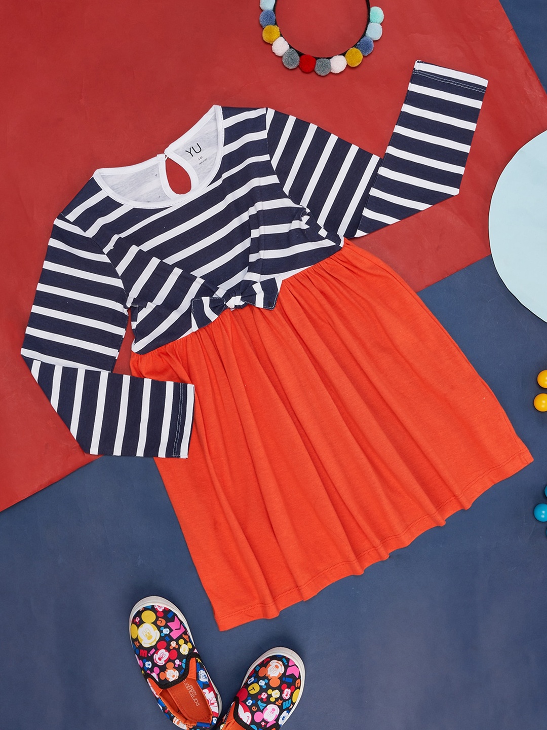 

YU by Pantaloons Infant Girls Striped Pure Cotton Fit and Flare Dress, Navy blue